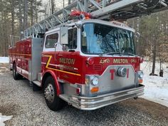 a red fire truck parked next to a forest