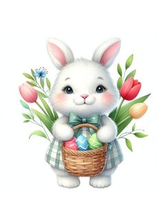 a white bunny holding a basket filled with easter eggs and tulips on a white background