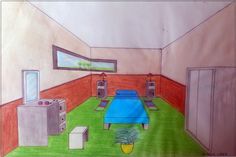 a drawing of a room with a table and refrigerators