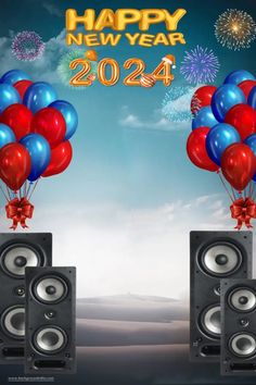 two speakers with balloons and fireworks in the background for new year's greetings