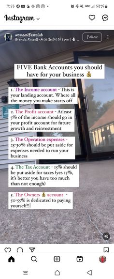 an instagram page with the text five bank accounts you should have for your business