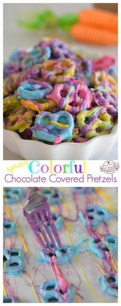 colorful chocolate covered pretzels in a white bowl and on a table with carrots