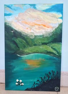 an acrylic painting of a lake with mountains in the background and flowers on the ground