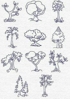 various trees and shrubs drawn in blue ink