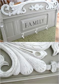 an old dresser has been painted white and is being used as a family sign