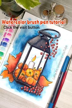 a watercolor brush pen drawing of a lantern with pumpkins