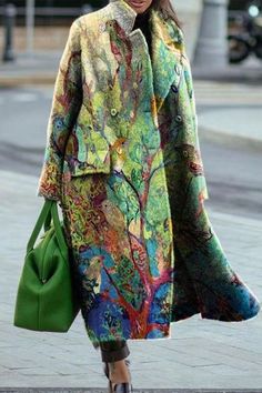 Purpdrank - Street Elegant Print Patchwork Turn-back Collar Outerwear - Green / L Lapel Coat, Winter Mode, Collared Coat, Green Coat, Woolen Coat, Moda Vintage, Green Print, Winter Coats Jackets, Winter Coats Women