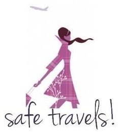 the words safe travels are written in black and white with an image of a woman carrying a suitcase