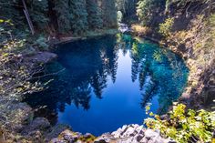 a blue pool surrounded by trees in the middle of a wooded area with rocks on either side