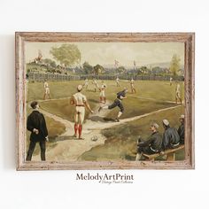 a baseball game is being played in an old - fashioned painting on the wall above a bench