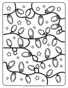 Black and white coloring page featuring decorative Christmas lights intertwined with stars, designed for kids to color and enjoy. Christmas Light Crafts, Light Crafts For Kids, Draw Christmas Lights, Light Doodles, Light Coloring Page, Christmas Coloring Sheets For Kids, Easy Coloring Pages For Kids, Christmas Ornament Coloring Page