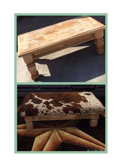 two pictures of a bench made out of wood and cowhide