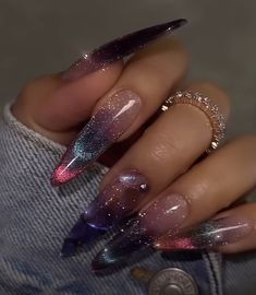 Starseed Quotes, Glittery Nails, Colorful Nails, Grunge Nails, Pointed Nails, Almond Acrylic Nails, Long Acrylic, Cat Eye Nails, Sparkle Nails