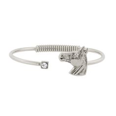 Unique spring cuff bracelet with crystal accent and horse head. Expands to fit variety of sizes. Available in 14K Gold Dipped and Silver Tone. Available in 14K Gold Dipped and Silver Tone. Measurements: 2.5"D x 0.82"W Made In USA EQUESTRIAN COLLECTION For the equestrian in all of us, this unique collection celebrates one's love of horses, the equestrian arts, and the sport of riding. The power of the horse has been around for the ages, sometimes mythical but more often magical. From horse pendan Channel Jewelry, Animal Themed Jewelry, Equestrian Jewelry, 1928 Jewelry, Horse Jewelry, Vintage Inspired Jewelry, Horses Pendant, Jewelry Crystal, Hinged Bracelet