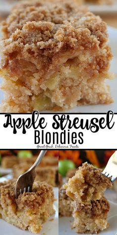 an apple streuse blondies dessert on a plate with a fork in it