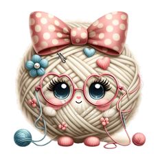 a ball of yarn with glasses and a bow on it's head is shown