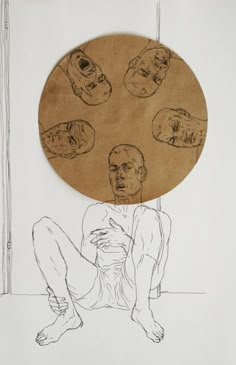 a drawing of a man sitting on the ground