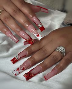 pretty & unique nails. follow for more content. Butterfly Nails Long, Valentines Nails French, Nail Inspo Hello Kitty, Valentines Nails French Tip, Nails Vacay, Duck Nails Short, French Tip Nails Pink, Nails Sanrio, Nail Art Valentines