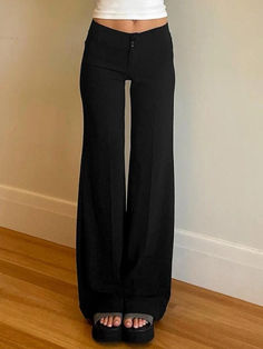 Solid High Rise Flared Straight Leg Pants - AnotherChill Low Rise Pinstripe Pants, Low Rise Suit Pants, Low Rise Dress Pants, Pants Ideas For Women, Black Loose Pants Outfit, Different Pants Styles, Black Pants Aesthetic, How To Style Black Pants, Elegant Bottoms