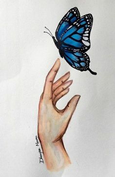 a drawing of a hand reaching for a blue butterfly on top of it's finger