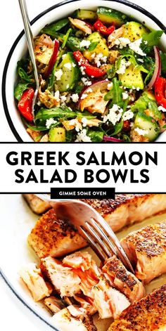 greek salmon salad bowls with grilled chicken, peppers and feta cheese on top