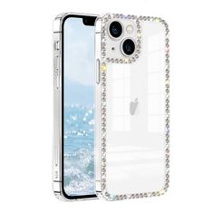 an iphone case with crystal stones on the front and back sides, in clear color