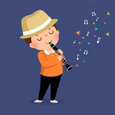 a man in an orange shirt and hat is playing the recorder with musical notes coming out of his mouth