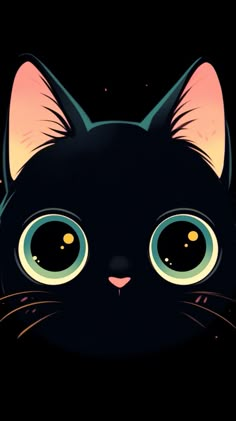 a black cat with glowing eyes on a dark background