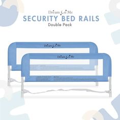 two blue beds sitting next to each other on top of a white background with the words dream city me security bed rails double pack