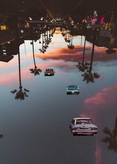 several cars are parked in the middle of a flooded street with palm trees on both sides