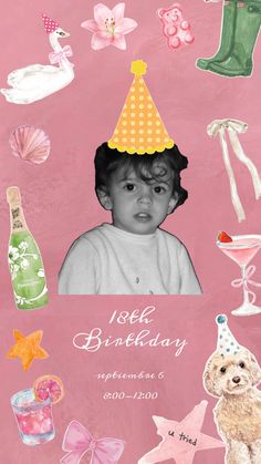 a pink birthday card with an image of a child wearing a party hat and other items