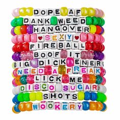 Party Hard Kandi Bracelets (12-pack) Kandi Kandi Bar Rave Candies Bracelets, Candy Ideas Rave, Dirty Kandi Bracelets, Rave Beads Bracelets, Candy Bracelet Ideas Rave, Kandy Ideas Rave, Funny Rave Kandi, Funny Pony Bead Bracelets, Funny Word Bracelets