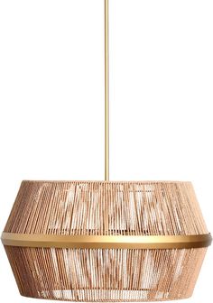 the light fixture is made from rattan and has a gold metal frame, which matches with