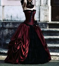 Tiered Victorian Ruched Gothic Dress Wedding Floor Length Vintage Bride Wear  | eBay Burgundy And Black Wedding, Gothic Ball Gown, Victorian Gothic Wedding, Goth Wedding Dresses, Vampire Wedding, Victorian Wedding Dress, Victorian Gown