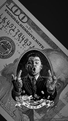 a black and white photo of a man with money in his hands on the back of a one hundred dollar bill