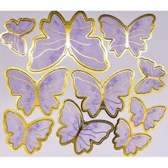 purple and gold butterflies on white background