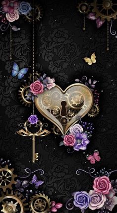 a heart shaped clock with flowers and butterflies on the back ground, in front of a black background