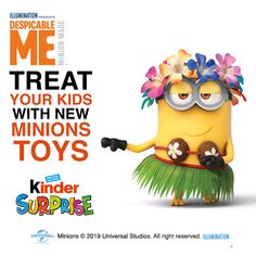 a minion with flowers on its head and some words above it that say, treat your kids with new minions'toys