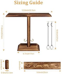 a wooden table with two hooks on it and measurements for the top, bottom and bottom