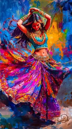 a painting of a belly dancer in colorful clothing with her hands on her head and arms behind her head