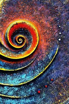 an abstract painting with multiple colors and spirals on it's surface, in the middle