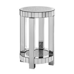 a mirrored side table with silver trimmings on the top and bottom, against a white background