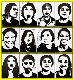 nine black and white images of people with different facial expressions, each showing the same woman's face