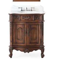 a bathroom vanity with two sinks and an ornate wooden frame around the top, against a white background