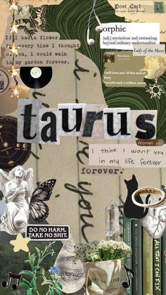 the collage is made up of many different items and words, including letters that spell out taurus