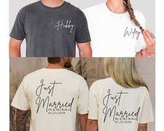 Custom Comfort Colors T-Shirt, Back And Front Printed Just Married T-Shirt, Custom Honeymoon Shirt, Mr and Mrs Honeymoon Gift, Wedding Tees Thank you for taking the time to review our important note before placing your order. HOW TO ORDER Please, 1. Check and Review all designs. 2. Select Your T-Shirt model and T-Shirt size 3. Select your T-shirt color from drop-down menus. 4. Choose Your Quantity as much as you want. 5. Click ADD TO CART. You can go back to add more product colors for you or yo Crew Neck Graphic Print Top For Honeymoon, Graphic Print Crew Neck Top For Honeymoon, Wedding T-shirt With Custom Print And Short Sleeves, Custom Print Short Sleeve T-shirt For Wedding, Cotton Short Sleeve T-shirt For Honeymoon, Cotton Short-sleeved T-shirt For Honeymoon, Short Sleeve Graphic Print Shirt For Wedding, Mr Mrs Shirts, Mr And Mrs Shirts