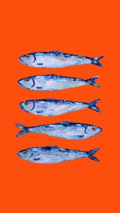 five blue fish lined up against an orange background