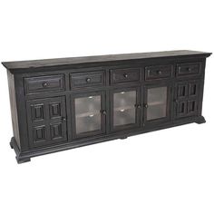 a large black cabinet with glass doors and drawers on the bottom shelf is shown against a white background