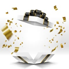 an image of a gift box with gold ribbon and confetti around it illustration