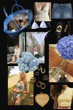 a collage of photos with blue flowers and accessories in them, including rings, bracelets, ringlets, earrings, purse